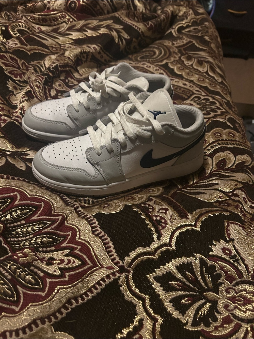Jordan Kids White and Light Gray Sneakers with Navy Swoosh